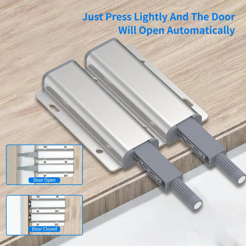 15 Pack Push To Open Cabinet Latch Set Heavy Duty Aluminum Magnetic Touch Release hardware installation close-up
