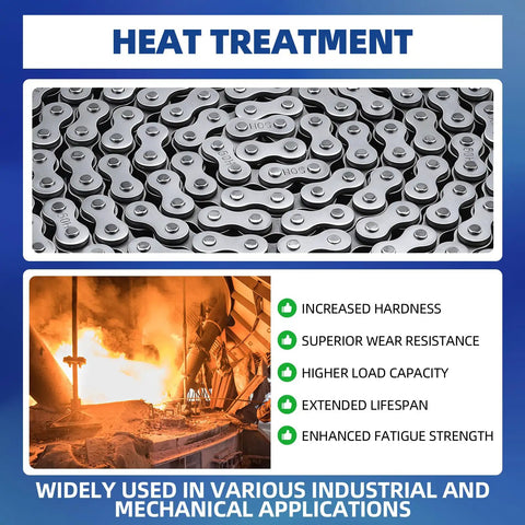 Patioer Heavy Duty Roller Chain #50H 10 Feet Carbon Steel Industrial Link for Conveyors with heat treatment details.