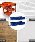 Wall Mounted Garage Storage Bin Rack With 8 Bins And 2 Rails Blue Large Tool Organizer shown against tool cart, pegboard, wooden and concrete walls.