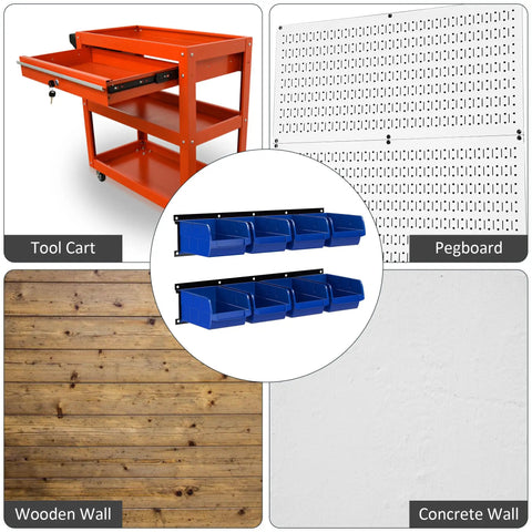 Wall Mounted Garage Storage Bin Rack With 8 Bins And 2 Rails Blue Large Tool Organizer shown against tool cart, pegboard, wooden and concrete walls.