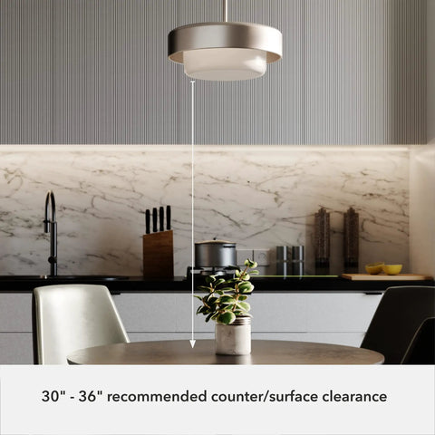 Station 2-Light Brushed Nickel Drum Pendant Light With Dimmable Feature above modern kitchen table, frosted glass shade, marble backsplash
