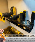 Magnetic Power Tool Organizer Rack For Cordless Drill Screwdrivers And Heavy Tools Gotta Have Wall Mount Metal Tool Holder Shelf For Garage Workshop Warehouse Toolbox holding drills and screwdrivers attached to a wall.