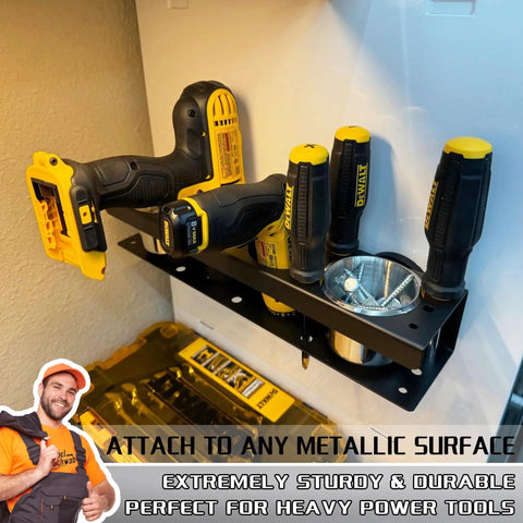 Magnetic Power Tool Organizer Rack For Cordless Drill Screwdrivers And Heavy Tools Gotta Have Wall Mount Metal Tool Holder Shelf For Garage Workshop Warehouse Toolbox holding drills and screwdrivers attached to a wall.