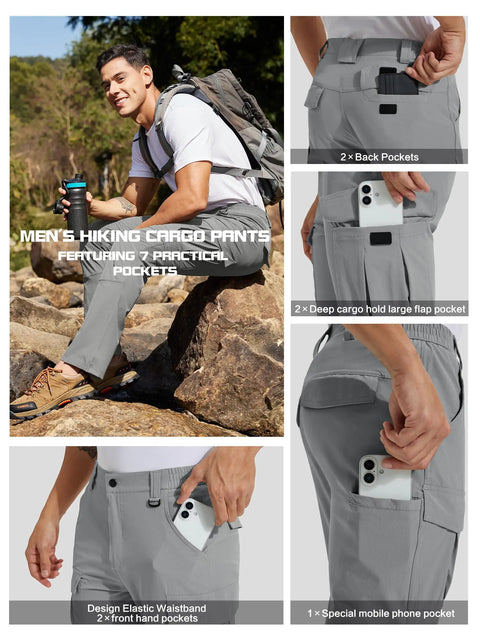 Light grey Men's Hiking Convertible Pants Zip Off for Outdoor Adventure Water Resistant Quick Dry with pockets and elastic waistband.