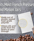 Nonwoven French Press Filter Bags 200 Pack featuring drawstring seal and compatibility with most French presses and mason jars.