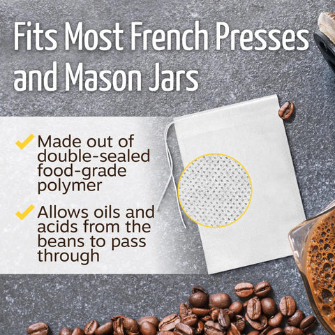 Nonwoven French Press Filter Bags 200 Pack featuring drawstring seal and compatibility with most French presses and mason jars.