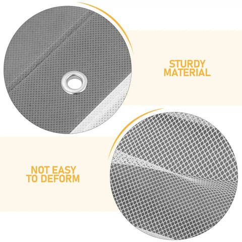 Close-up of sturdy gray mesh material for Compact Mesh Shoe Storage Hangs Beside Bed With 4 Hooks For RV Camper And Home.