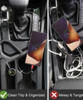 Comparison showing Coiled USB C To USB C Car Cable 3ft 2 Pack Fast Charge And Data Transfer neat vs tangled wires in car console.