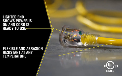 Beefed Up Outdoor Extension Cord 50 Feet In 10 Gauge SJTW With Lighted End And Molded Plug Weather Resistant Power Cable Close-Up