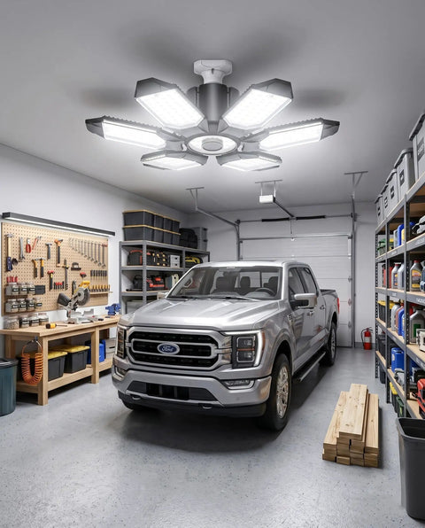 2 Pack 100W LED Garage Lights With 6 Adjustable Deformable Panels 20000 LM Daylight 6500K installed in a garage with a car