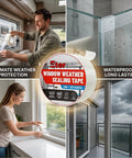 Heavy Duty Weatherproof Seal Tape 2 Inch By 30 Yards Blocks Drafts And Rain Leaks With Waterproof Adhesive No Residue Weather Stripping For RVs Windows Doors And Renters being applied to windows in a home environment.