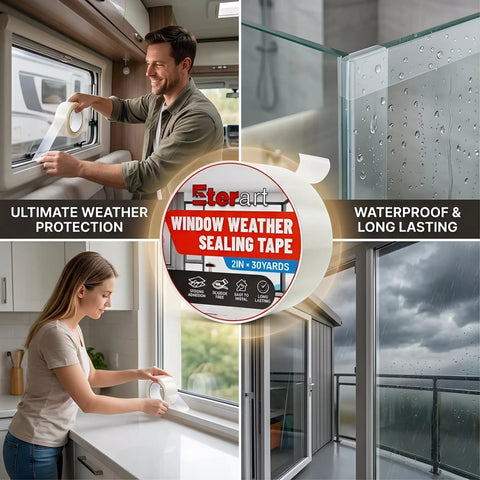 Heavy Duty Weatherproof Seal Tape 2 Inch By 30 Yards Blocks Drafts And Rain Leaks With Waterproof Adhesive No Residue Weather Stripping For RVs Windows Doors And Renters being applied to windows in a home environment.