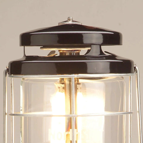 Close-up of Northstar 1500 Lumen Gas Lantern With Matchless Lighting, showcasing top ventilator and glass globe design.