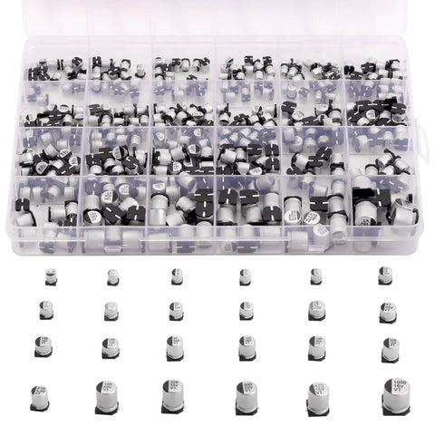 24 Values 1uF To 1000uF SMD Aluminum Electrolytic Capacitors Assortment Kit With Storage Box organized by type