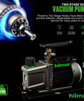 Heavy Duty 18 Volt Cordless Vacuum Pump Slick 2 CFM Workhorse For HVAC Pros With No Fuss Oil Cleanup And Quick Drain Shut Off Valve For Lightning Fast Refrigerant Recovery On Any Job Site; two-stage vacuum pump with dimensions showing 5.5in width, 10.7in height, and 13.6in length.