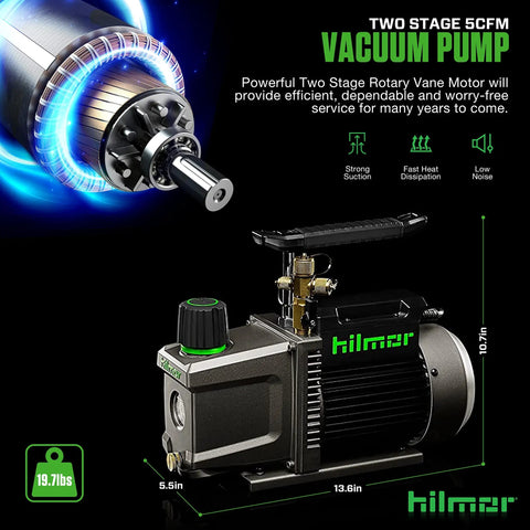 Heavy Duty 18 Volt Cordless Vacuum Pump Slick 2 CFM Workhorse For HVAC Pros With No Fuss Oil Cleanup And Quick Drain Shut Off Valve For Lightning Fast Refrigerant Recovery On Any Job Site; two-stage vacuum pump with dimensions showing 5.5in width, 10.7in height, and 13.6in length.