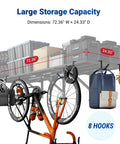 Two Pack 2x6ft Heavy Duty Garage Wall Shelving System With 1200 Lbs Capacity Wall Mounted Shelves For Tools Bins Garden Gear And More Includes 8 Hooks Lite Series holding various items including bags and a bicycle, showing storage capacity.
