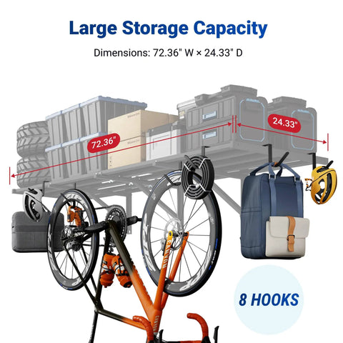 Two Pack 2x6ft Heavy Duty Garage Wall Shelving System With 1200 Lbs Capacity Wall Mounted Shelves For Tools Bins Garden Gear And More Includes 8 Hooks Lite Series holding various items including bags and a bicycle, showing storage capacity.