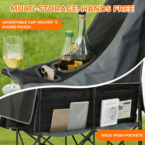 Double Camping Chair With Adjustable Canopy Shade Heavy Duty Two Person Folding Loveseat with cup and wine holders