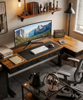 63 Inch L Shaped Electric Standing Desk With Four Fabric Drawers For Home Office Corner Setup Provides Extra Storage And Power Outlets Height Adjustable Sit Stand Table In Rustic Brown with monitor and chair setup.
