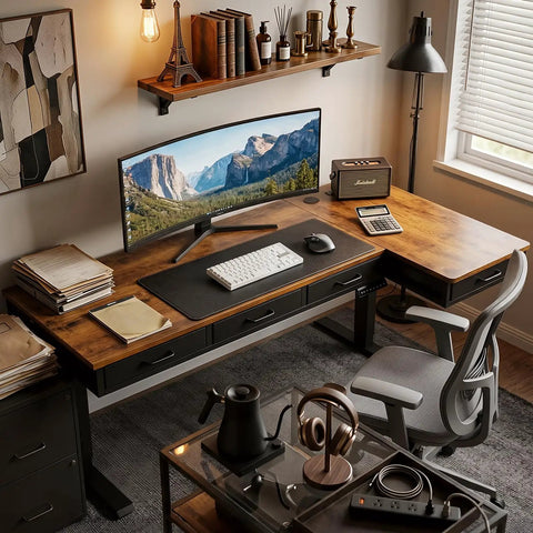 63 Inch L Shaped Electric Standing Desk With Four Fabric Drawers For Home Office Corner Setup Provides Extra Storage And Power Outlets Height Adjustable Sit Stand Table In Rustic Brown with monitor and chair setup.
