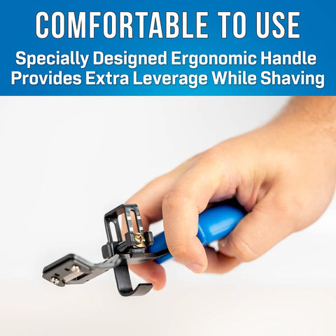 Hand holding RocketRibbon Cable Shaving Tool RRS1222 with ergonomic handle and SK5 blade for 12-22 mm cables.