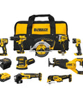 No Sweat Nine Piece Brushless Cordless Power Tool Kit With 20 Volt Batteries Fast Charger in a storage bag with various tools.