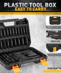 96 Piece Three Eighths Inch Drive Impact Socket Set With SAE Five Sixteenths To Three Quarters Inch And Metric Eight To Twenty Two Mm Sockets Standard And Deep, Ratchet Handle, Bit Set, Universal Joint, Extension Bar, Adapters, And Spark Plug Sockets. Black plastic tool case