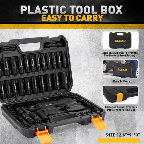 96 Piece Three Eighths Inch Drive Impact Socket Set With SAE Five Sixteenths To Three Quarters Inch And Metric Eight To Twenty Two Mm Sockets Standard And Deep, Ratchet Handle, Bit Set, Universal Joint, Extension Bar, Adapters, And Spark Plug Sockets. Black plastic tool case