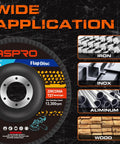 Four And One Half Inch Flap Discs For Angle Grinder T27 Zirconia Abrasive Grinding Wheel 40 Grit Disc Pack Of 40 For Metal Wood And Stainless Steel Finishing displayed with materials suitable for use including iron, inox, aluminum, and wood, with product branding on disc label, showcasing wide application range.