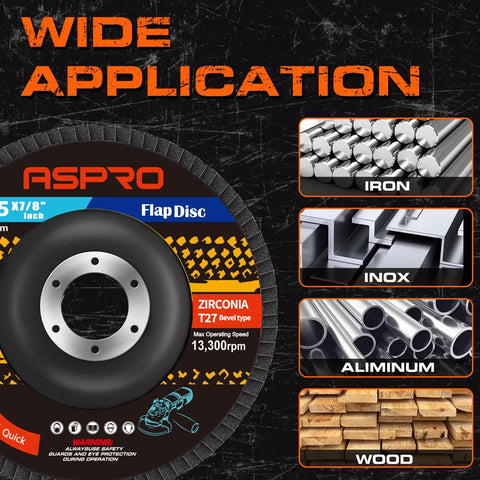 Four And One Half Inch Flap Discs For Angle Grinder T27 Zirconia Abrasive Grinding Wheel 40 Grit Disc Pack Of 40 For Metal Wood And Stainless Steel Finishing displayed with materials suitable for use including iron, inox, aluminum, and wood, with product branding on disc label, showcasing wide application range.