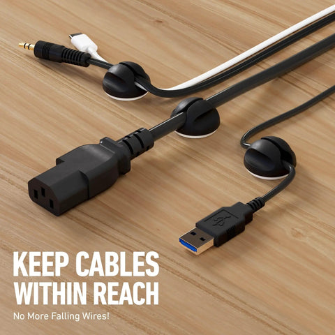 Under Desk Cable Management Kit With Tray, Spiral Wrap, Cable Band And Clips holding cables on wooden desk surface
