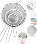 Three Piece Fine Mesh Strainer Set With Handles For Sifting Wet Or Dry Ingredients In The Kitchen Go To Stainless Steel Sieve Ideal For Rice Juice Quinoa Flour Baking Includes 3.15 Inch 5.5 Inch And 7.87 Inch Strainers showcasing design details