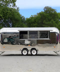Lightweight Mobile Food Trailer With Full Plumbing And Electrical Wiring Solid Rig For Your Downtown Block Party Or Street Food Hustle Ready To Roll Smooth Today, shiny silver exterior with serving window.