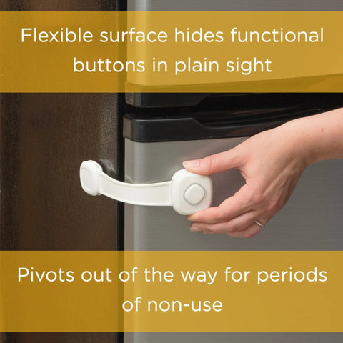 OutSmart Multi Use Lock 2 Pack White Easy No Drill Installation Pivots When Not In Use Decoy Button Tricks Curious Kids Hidden Functional Buttons Flexible Strap For A Custom Fit Cabinets Drawers And More