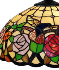 Tiffany Style Hanging Pendant Lamp With Stained Glass White Hummingbird Pattern Two Light Fixture For Bedroom Living Room Kitchen Dining Area Cozy Vintage Glow, close-up of colorful stained glass with rose and hummingbird design