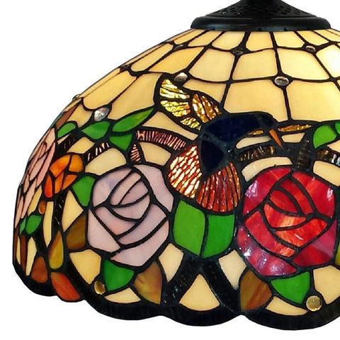 Tiffany Style Hanging Pendant Lamp With Stained Glass White Hummingbird Pattern Two Light Fixture For Bedroom Living Room Kitchen Dining Area Cozy Vintage Glow, close-up of colorful stained glass with rose and hummingbird design