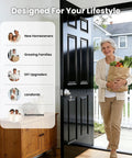 Elderly woman entering home through front door with Beefy Heavy Duty Single Cylinder Deadbolt Lock With Inside Thumb Turn, Easy Install Security Door Lock For Front Entry And Garage, Keyed On One Side, Brushed Nickel Finish, Durable Home Security Upgrade, with lifestyle suggestions for new homeowners and DIY upgraders.