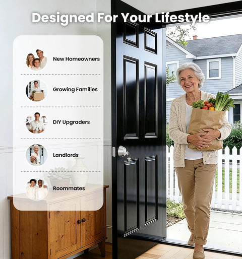 Elderly woman entering home through front door with Beefy Heavy Duty Single Cylinder Deadbolt Lock With Inside Thumb Turn, Easy Install Security Door Lock For Front Entry And Garage, Keyed On One Side, Brushed Nickel Finish, Durable Home Security Upgrade, with lifestyle suggestions for new homeowners and DIY upgraders.