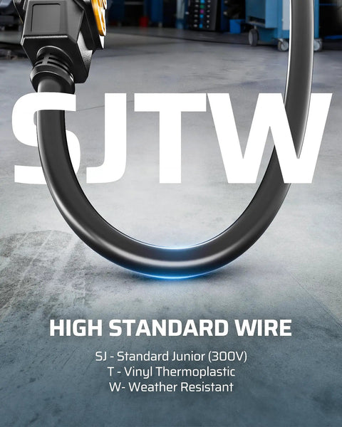 Close-up of 50ft Retractable Extension Cord Reel with 14 3 SJT Cable showing durable build and weather-resistant features.