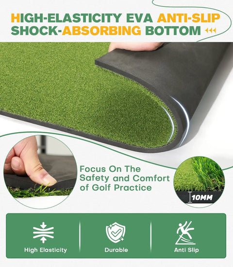 Dual Turf Golf Mat 5x4ft With 10mm And 15mm High Elasticity Base showing anti-slip EVA bottom and durability features.