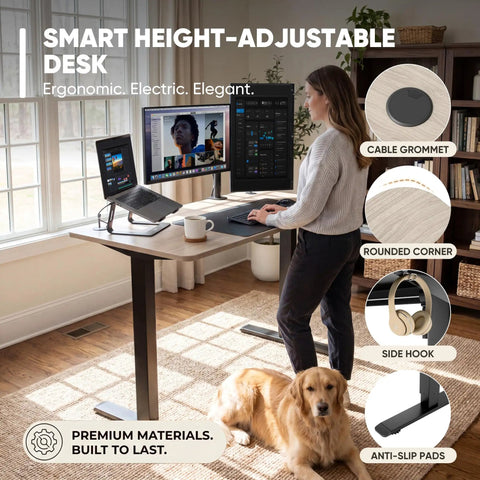 Furmax Maple Computer Desk 48 X 24 Inches Electric Height Adjustable Standing Desk With Memory Preset T-Shape Frame in use with laptop.