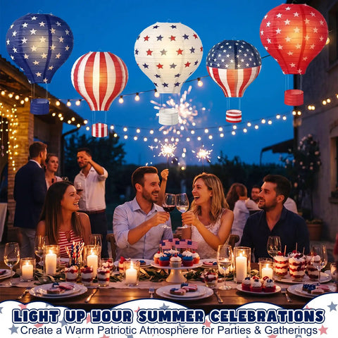 Five Pack 12 Inch Patriotic Hot Air Balloon Paper Lanterns For 4th Of July Indoor Outdoor Party Decor With Stars And Stripes Navy Star Field And Old Glory Designs