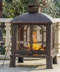 45 Inch High Metal Chiminea Fire Pit With Grill 2 In 1 Bonfire And BBQ Outdoor Wood Burning Fireplace For Garden Yard Patio Square Chiminea With Mesh Spark Screen Door And Fire Poker Black And Gold
