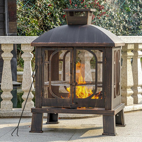45 Inch High Metal Chiminea Fire Pit With Grill 2 In 1 Bonfire And BBQ Outdoor Wood Burning Fireplace For Garden Yard Patio Square Chiminea With Mesh Spark Screen Door And Fire Poker Black And Gold