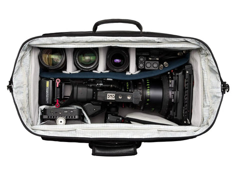 Interior view of Cineluxe Backpack 24 For DSLR And Mirrorless Cameras With Lenses Black 637-512 Dope Pro Gear Carrier, packed with camera gear.