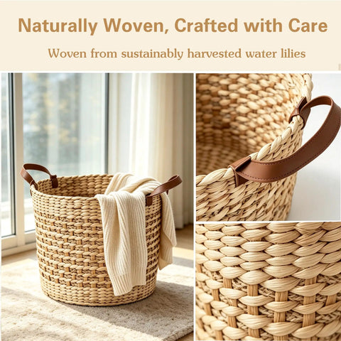 Large Water Hyacinth Storage Basket 15.7 Inch Woven Seagrass Bin with sturdy design, eco friendly natural brown with handles.