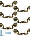 Vintage Brass Drop Bail Pulls Six Pack for Cabinets and Dressers, 3 Inch Hole Centers Decorative Drawer Handles set with screws