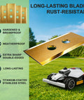 Top Shelf Titanium Coated Replacement Blades For Robotic Lawn Mowers Universal Fit For Luba And Yuka Models Includes Safety Screws And Storage Box For Smooth Stress Free Cutting - sharp double-edged blade on green grass.