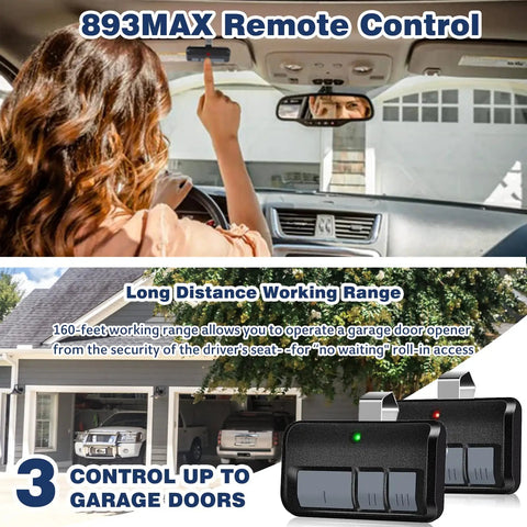 Woman using 893MAX remote control in car, 2 Pack Wireless Garage Door Keypad And 893MAX Universal Remotes, 315 390 MHz